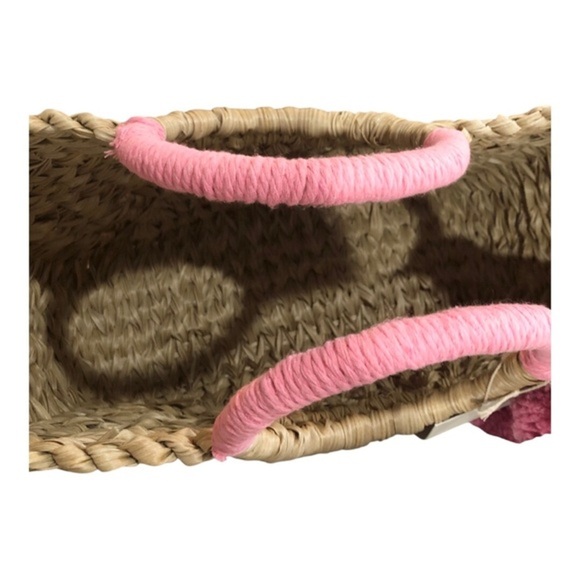 Wicker style straw natural basketweave pink knit pompom oversized beach tote new - Picture 7 of 16